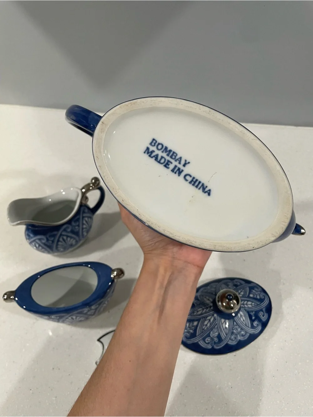 Bombay Blue & White Porcelain Tea Set – Teapot, Creamer & Lidded Sugar Bowl